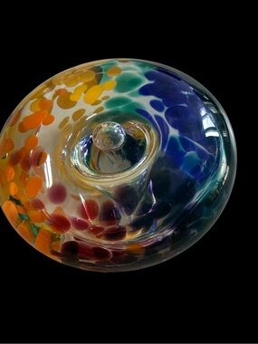 Signed Jim Karg Art Glass Paperweight Blue Yellow Orange  Burgundy Green 3” Wide
